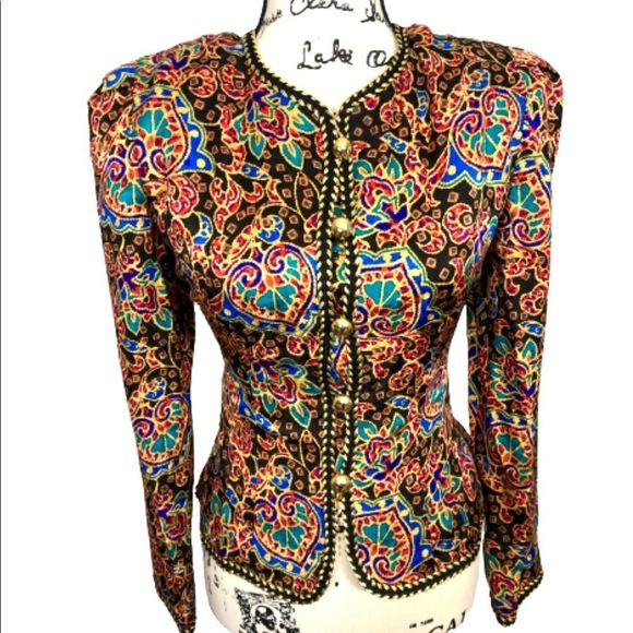 Maggy London Jackets & Blazers - - MAGGY London vintage red blue black print blazer gold button size 6